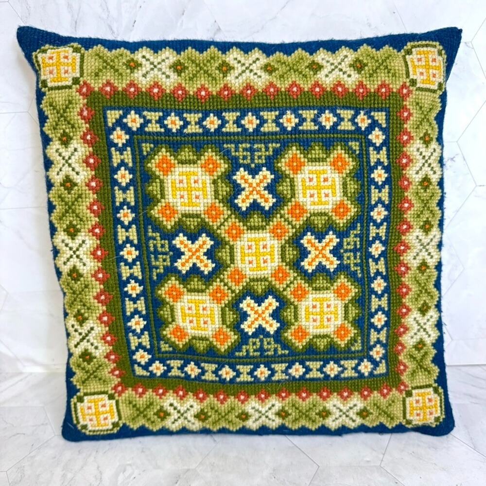 Vintage Needlepoint Pillow Scandinavian Folk Art Embroidered Cushion 11x11"
